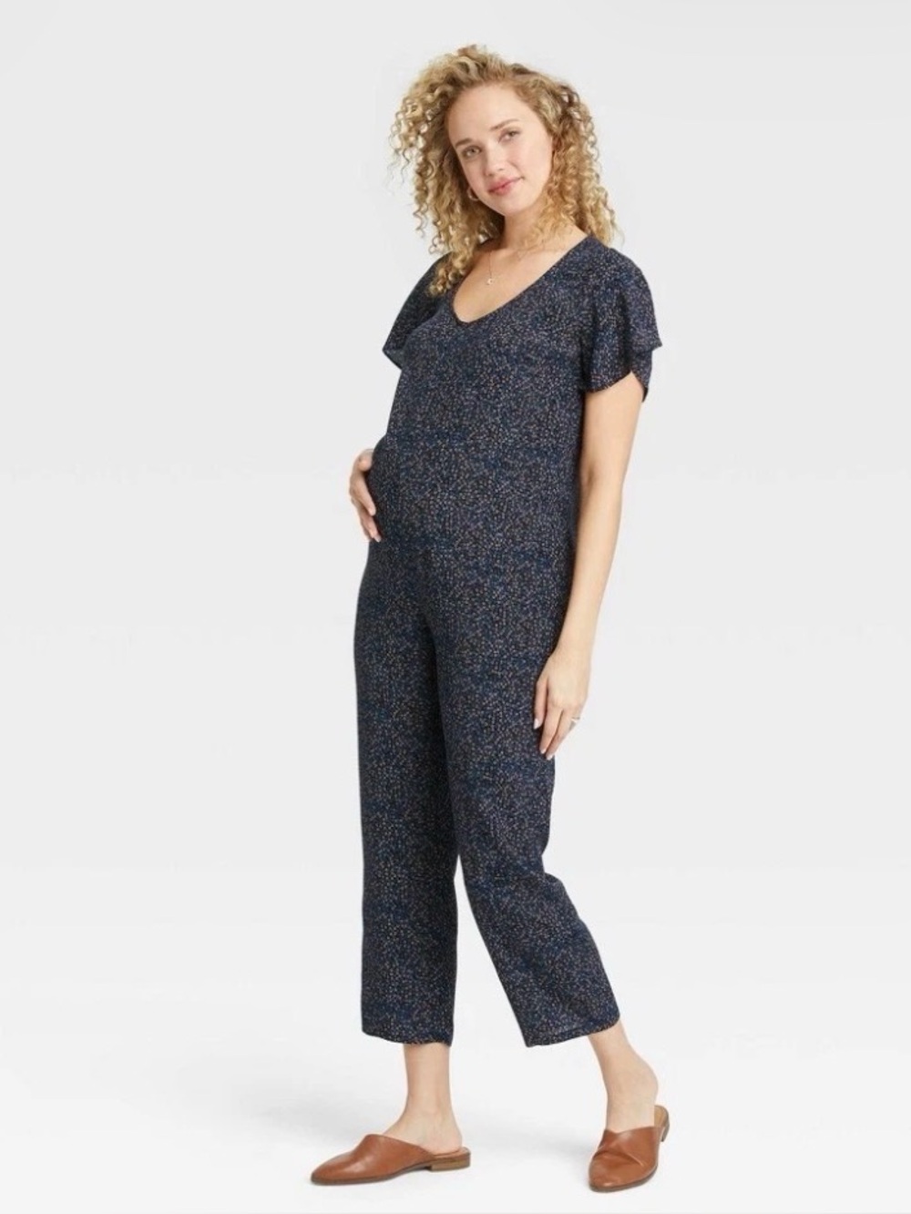 The Nines by Hatch Jumpsuit Womens Maternity Blue Floral Cropped Flutter